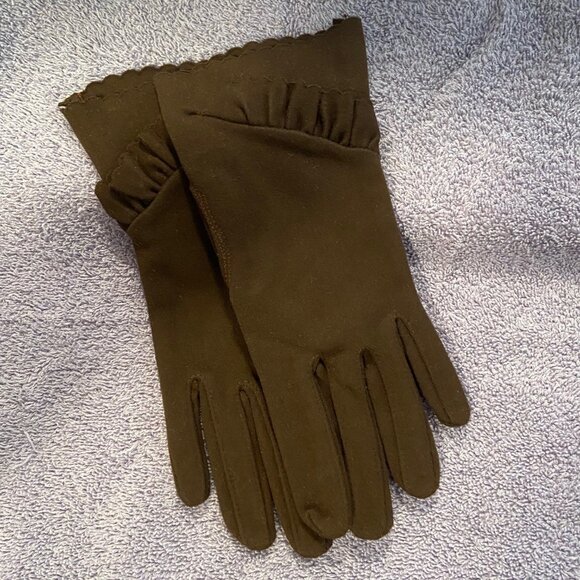 Vintage ~ Women's Evening Gloves 9" L ~ Brown ~ Scalloped Edge ~ Front Ruffles - Picture 1 of 3